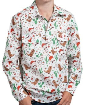 JC BOYS KIDS SHIRT BRAYDEN HALF BUTTON PRINT WORKSHIRT - WHITE CHRISTMAS [SZ:S]