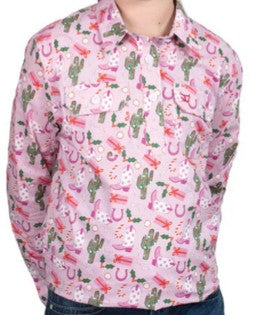 JC KIDS SHIRT BRAYDEN HALF BUTTON PRINT WORKSHIRT - PINK CHRISTMAS [SZ:S]