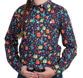 JC KIDS SHIRT BRAYDEN HALF BUTTON PRINT WORKSHIRT - NAVY CHRISTMAS [SZ:XS]