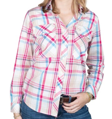 JUST COUNTRY WOMENS ABBEY FULL BUTTON PRINT WORKSHIRT - PINK / BLUE / TAN PLAID - WWLS2563 [SZ:10]