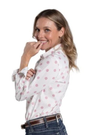 JUST COUNTRY WOMENS ABBEY FULL BUTTON PRINT WORKSHIRT - WHITE BLUSH TOURMALINE SPOTS - WWLS2620 [SZ:10]
