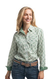 JUST COUNTRY WOMENS ABBEY FULL BUTTON PRINT WORKSHIRT - WHITE EUCALYPTUS TILE PRINT - WWLS2639 [SZ:18]