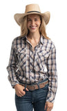 JUST COUNTRY WOMENS ABBEY FULL BUTTON PRINT WORKSHIRT - TAN, NAVY & WHITE PLAID - WWLS2657 [SZ:10]