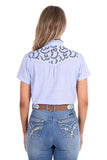 PURE WESTERN LADIES S/S SHIRT - KARA - BLUE / WHITE FINE STRIPE - P6S2146256 237 [SZ:10]