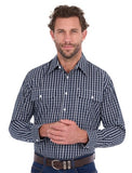 HARD SLOG MENS - LS SHIRT FULL BUTTON 2 POCKET - NAVY / WHITE - ALEX - HCP1102204 [SZ:M]