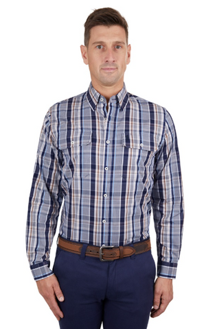 THOMAS COOK MENS L/S SHIRT 2 PKT LLOYD BLUE TAN CHECK