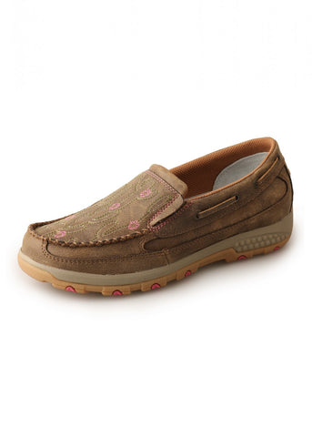 TWISTED X LADIES CELL STRETCH SLIP ON MOCS CACTUS STITCH BOMBER PINK